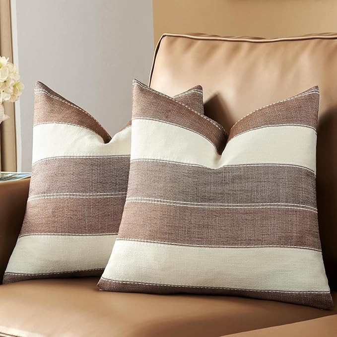 AmHoo Pack of 2 Farmhouse Stripe Check Throw Pillow Covers Set Case Cotton Linen Decorative Pillowcases Cushion Cover for Couch Bench Sofa 18x18Inch Brown