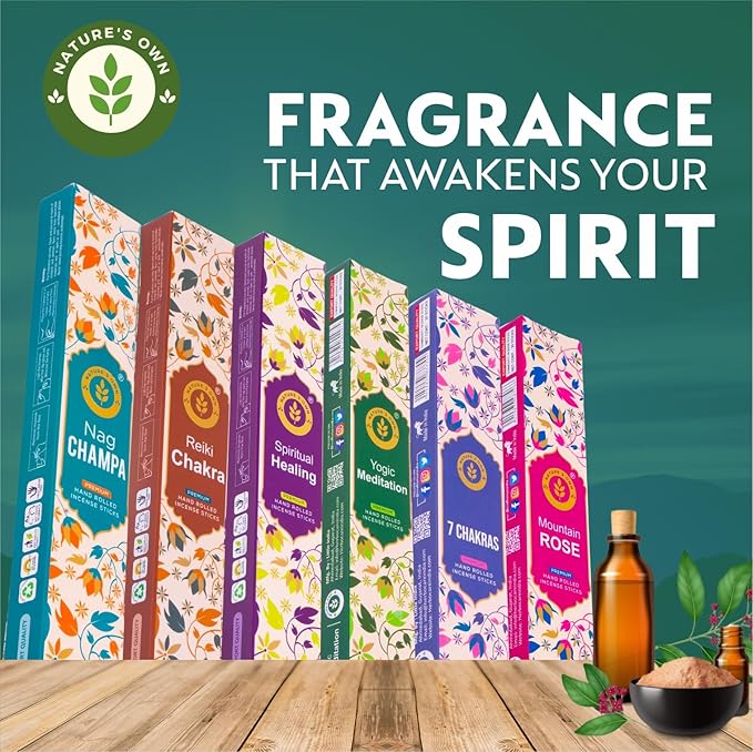 Incense Sticks Gift Pack – 6 Fragrances x 20 Sticks Each, Hand Rolled Insents with Incense Holder – Nag Champa Spiritual Healing Yogic Meditation Mountain Rose Reiki Chakra 7 Chakras