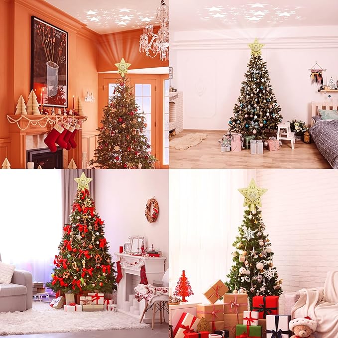 Christmas Star Tree Topper with Rotating LED Projector Lights, 3D Gold Glitter 5-Point Star, Plug-in Tree Top Ornament for Indoor Christmas Tree Decorations Holiday Decor