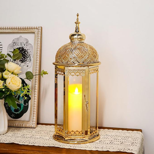 TRIROCKS Moroccan Candle Lantern 15'' Gold Hexagonal Candle Holder with Tempered Glass Decorative Indoor Outdoor Ramadan Lantern for Living Room Garden Yard Patio Parties Events (Gold)