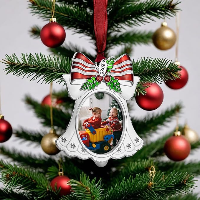 Christmas Tree Ornament - Decorative Hanging 2025 Holiday Keepsake Gift Pendant with 2X2.5 Inch Photo Frame Insert for Picture of Pet(Bell Silver)