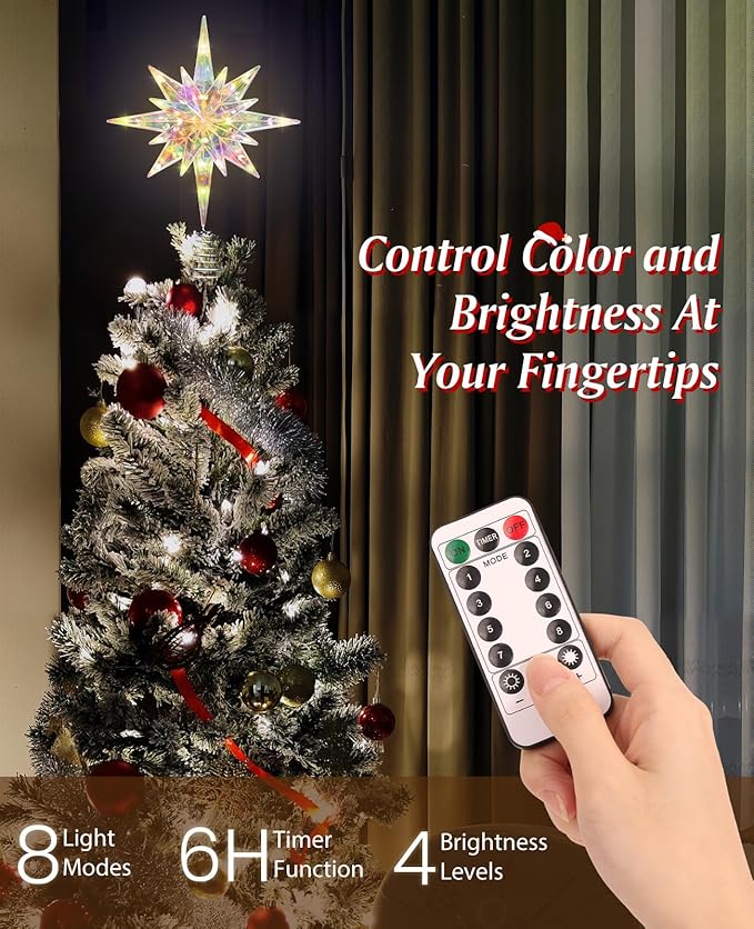 Luxspire Christmas Tree Topper, Lighted Star Tree Topper with USB Plug-in & Remote Control, 11" LED Acrylic Christmas Decorations Light, Xmas Trees Ornament for Home Party, Bethlehem Star-Warm Light