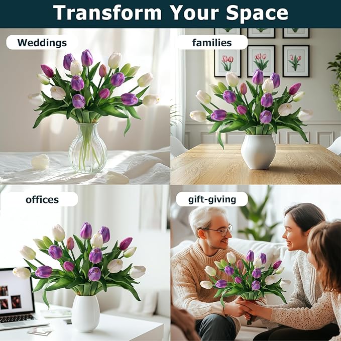 20PCS Fake Tulips Artificial Tulip Silk Flowers Fake PU Bouquet Artificial Flowers Faux Flowers with Gift Box Soft Faux Tulips Bouquets Arrangements for Party Wedding Home