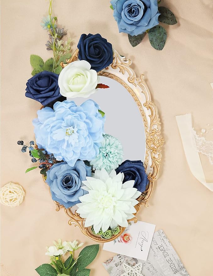 Artificial Flowers Combo Box Set,Silk Fake Flowers Roses Bridal Bouquets Out/Indoor DIY Centerpieces White Flowers for Decoration Arrangements Party Baby Shower Home Cake Decor (White&Blue)