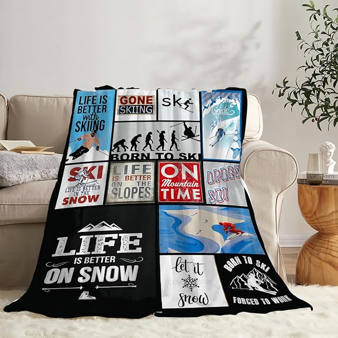 Tijuboni Ski Throw Blanket Skiing Gifts for Girls Boys Women Men Kids Adults Soft Flannel Fleece Blanket for Couch Sofa Bed Home Decor 60"x80"