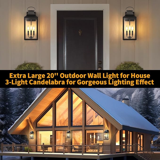 20" Extra Large Dusk to Dawn Outdoor Wall Light, Black Exterior Lighting Fixtures with 3-Light, Waterproof Wall Mount Porch Lantern, Modern Outside Wall Sconce Garage Coach Light, E12, 1 Pack