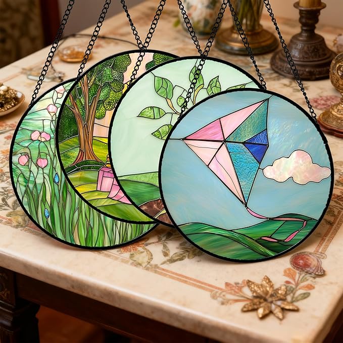 Stained Glass Window Hanging 4 Pcs Set Pink Green Spring Saplings Flowers Large 11.8" - Suncatcher Door Garden Sun Catcher Home Decor Mother's Day for Woman Nana Mom Men
