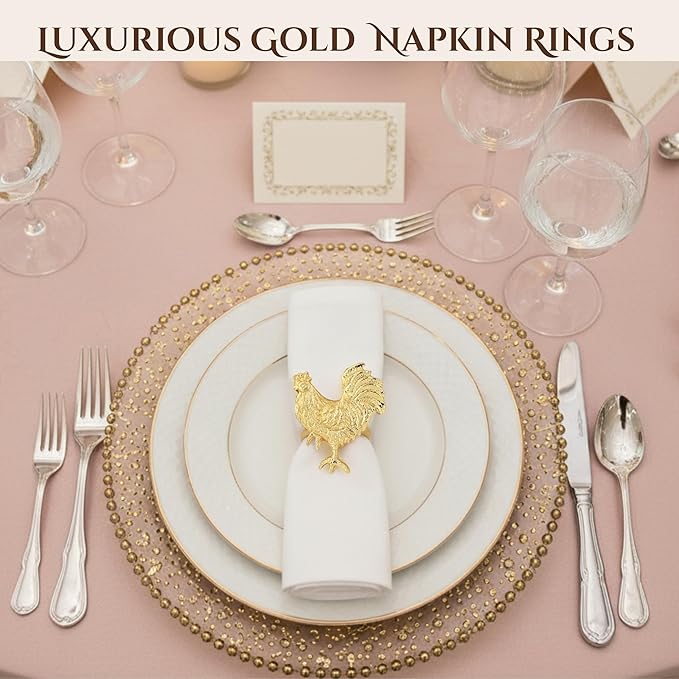 ALPHA Living HOME Set of 12 Rooster Napkin Rings for Farmhouse Table Decor | Premium Metal Chicken Dinnerware Holders | Rustic Kitchen & Holiday Party Table Setting (Gold)