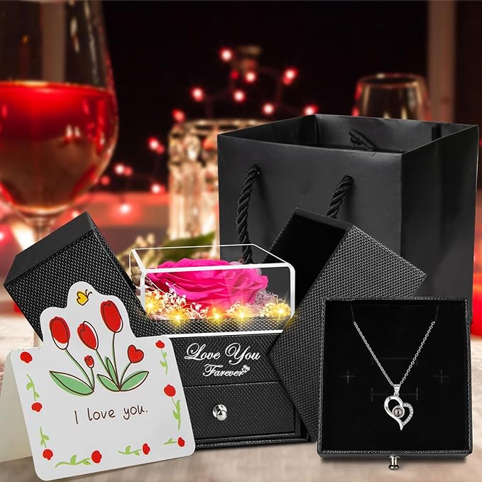 Preserved Dark Pink Real Rose -Eternal Flowers Rose Gifts for Mom Grandma Wife Girlfriend Gifts for Her Christmas Birthday Anniversary with I Love You Necklace