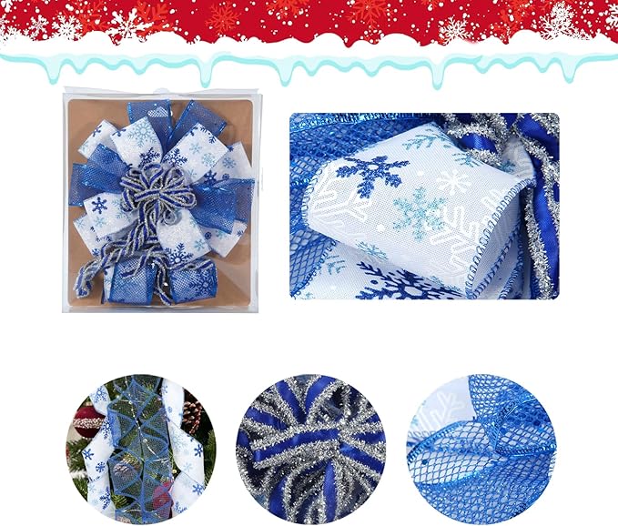 Christmas Tree Topper Bow, 43" Christmas Wreath Bows Blue and White Ribbon Ornaments with Tassels Snowflakes and Glitter, Home Decor for Holiday Xmas Decoration Home Parties Wedding Gift