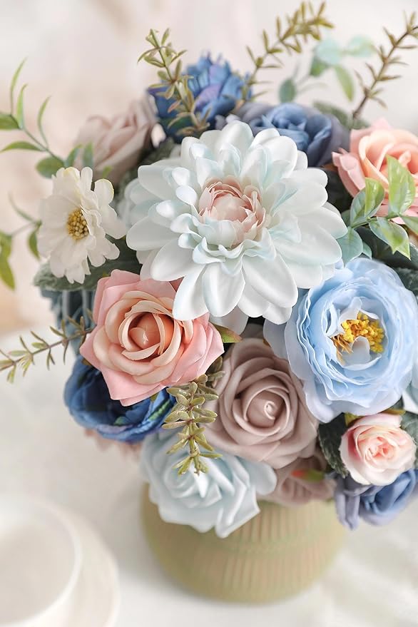 Artificial Flowers Box Blue Pink Silk Fake Rose for DIY Wedding Bridal Bouquets Cake Floral Arrangement Table Centerpieces Baby Shower Birthday Party Home Decor