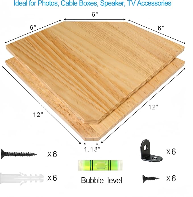 Wood Corner Wall Shelves Set of 2, Solid Wood Corner Floating Shelves, Round End Wall Mounted Floating Corner Shelf for Bedroom, Living Room and Kitchen (12 inch)