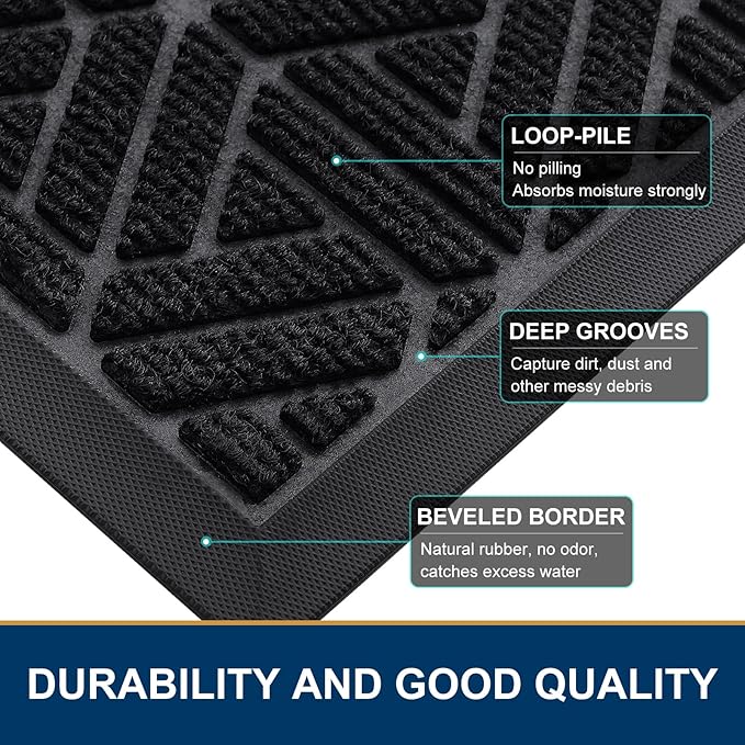 Smiry Front Door Mat Outside Entrance, Heavy Duty Sturdy Natural Rubber Doormat, Trap Dirt and Moisture, Easy Clean Low Profile Mats for Indoor Outdoor Entry, Grid Geometric (35x23, Black)