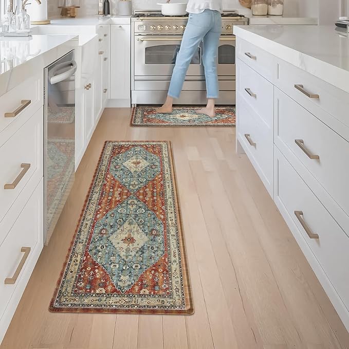 Collive Boho Kitchen Mat 2PCS, Cushioned Anti Fatigue Kitchen Mats for Floor Waterproof Kitchens Rugs Set of 2, Non Slip Comfort Standing Mat for Office, Sink, Laundry, 17"x30"+17"x59"