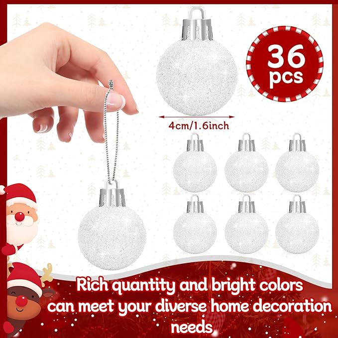 36Pcs 1.6Inch Christmas Balls Christmas Tree Decoration Ornaments Shatterproof Glitter Christmas Hanging Balls for Christmas Tree Party Wedding Indoor Outdoor Decoration(White, 1.6inch-36pcs)