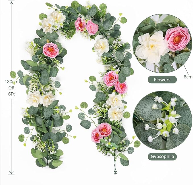 TOCHGREEN 2 Pack 13Ft Artificial Eucalyptus Flower Garland with Pink Roses White Flowers, Fake Rose Flower Greenery Garland Floral Vines for Wedding Home Party Table Runner Decor (White Pink, 2PCS)