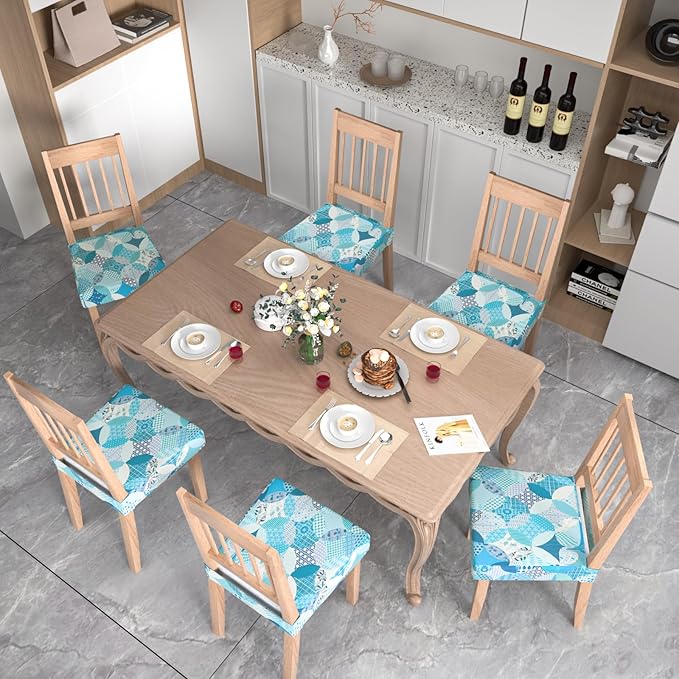 Stretch Dining Chair Seat Covers Set of 6,Dining Chair Slipcovers, Floral Printed Chair Covers,Soft Fabric Washable Upholstered Chair Seat Protector, No Rear Covers for Home Kitchen Dining Room
