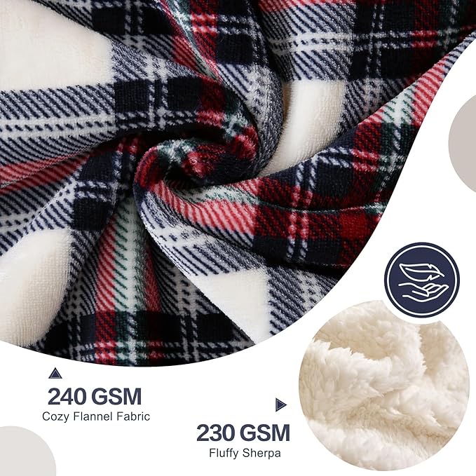 PU MEI Sherpa Fleece Throw Blanket 60" x 80" Reversible Plush Fluffy Large Big Blanket Lattice Flannel Blankets for All Season Use, White Check