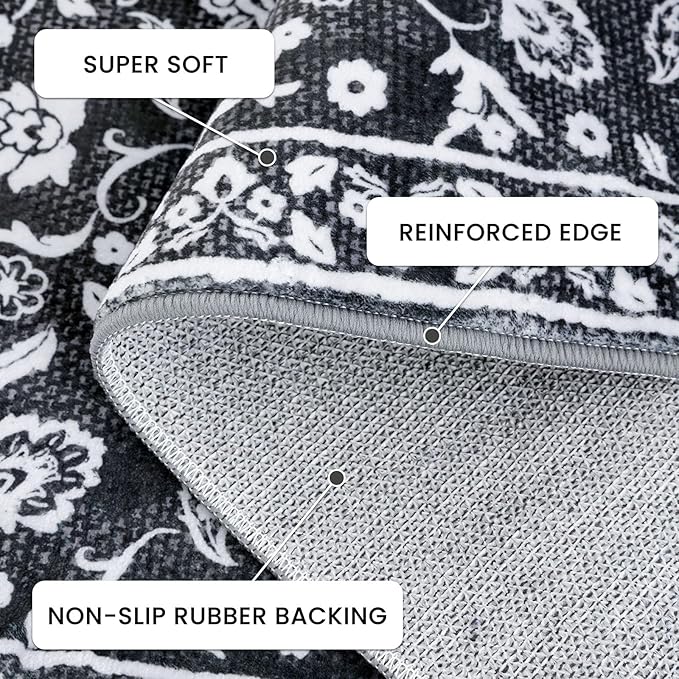 Vintage 3x5 Washable Rug for Entryway, Super Soft Black White Entryway Rug Non-Slip, Printed Faux Wool Floral 3x5 Area Rug Thin Floor Carpet for Kitchen, Bedroom, Office, Living Room