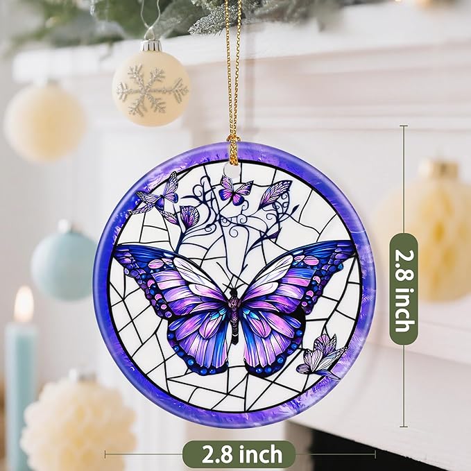 Ceramic-Style Christmas Tree Decorations, Christmas Ornaments, Double-Sided Printed Ornament Keepsakes, Holiday Decor. Xmas Gifts, Gifts for Butterfly Lovers - Butterfly-Themed