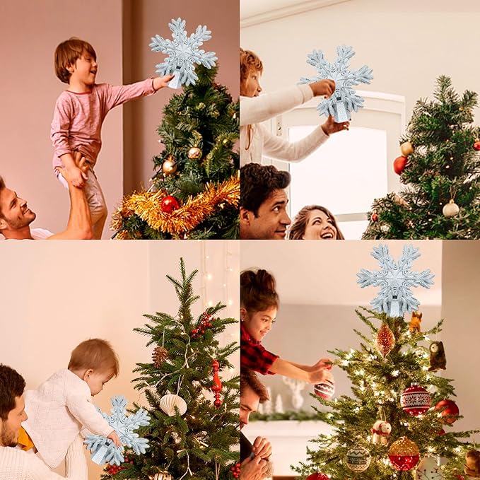 Christmas Snowflake Tree Topper with Rotating LED Projector, 3D Glitter Snowflake Plug-in Tree Top Ornament for Indoor Christmas Tree Decorations Holiday Decor