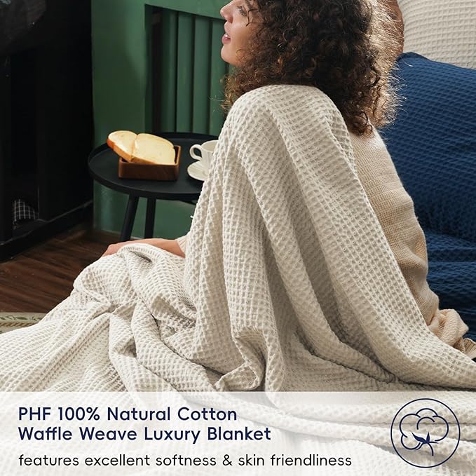 PHF 100% Cotton Waffle Weave Throw Blanket，Pre-Washed Snag Proof Lightweight Breathable Moisture-Wicking for Layering in Cold Weather for Couch Bed,Machine Washable,Home Decor Gift-Linen/Stone