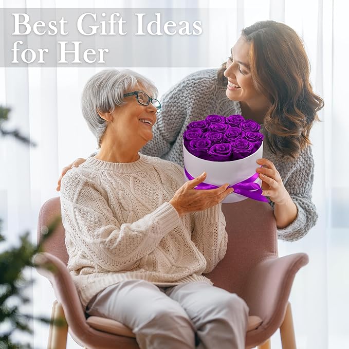 Preserved Roses in a Box, Blooming Real Roses Decor, Eternal Flowers for Delivery Prime, Best Gifts Birthday, Wedding, Anniversary, Mother's Day for Her, 12-Pieces (Purple)