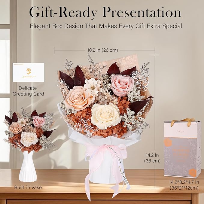 Preserved Bouquet of Flowers - Forever Flowers for Delivery, Real Eternal Roses for Her Mother Mom Grandma Wife Anniversary Birthday Gifts for Women, Champagne
