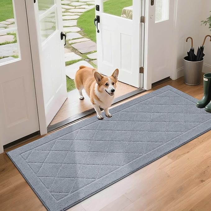 BEQHAUSE Dirt Trapper Door Mat 24" x 60", Doormat Non-Slip Entryway Rugs Washable, Dog Door Mat Stain Resistant and Absorbent Welcome Floor Mat for Front Back Door, Muddy Wet Shoes & Paws, Grey