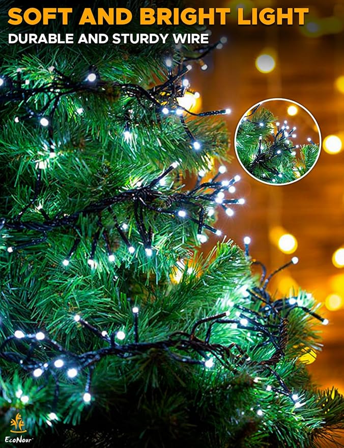 EcoNour 29.5 Ft 720 LED Cluster Twinkle Lights for Christmas Tree, 8 Modes String Lights for Decoration with Timer and Memory Function, Elegant Cool White Fairy Lights for Magical Home & Indoor