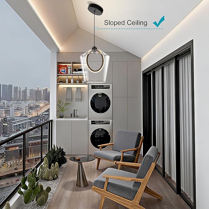 Modern Glass Pendant Lighting for Kitchen Island 1 Pack, Black LED Pendant Light Fixtures 3000K, Adjustable Hanging Ceiling Light, Angled Clear Glass Shades 8 Inch