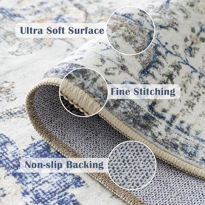 jinchan Kalen Runner Rug 3x7 Washable Area Rug Soft Indoor Floor Cover Thin Retro Distressed Blue Multi Carpet Floral Print Country Boho Non Slip for Bathroom Kitchen Bedroom Living Room