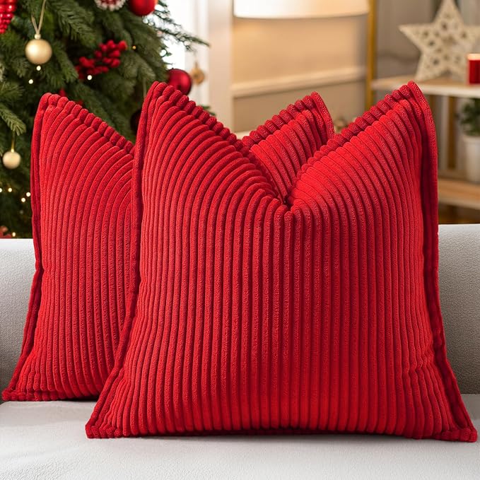 decorUhome Christmas Corduroy Red Throw Pillow Covers 18x18 Set of 2 Decorative Soft Boho Farmhouse Euro Couch Pillow Covers for Living Room Bed Sofa Broadside Striped Pillow Cases