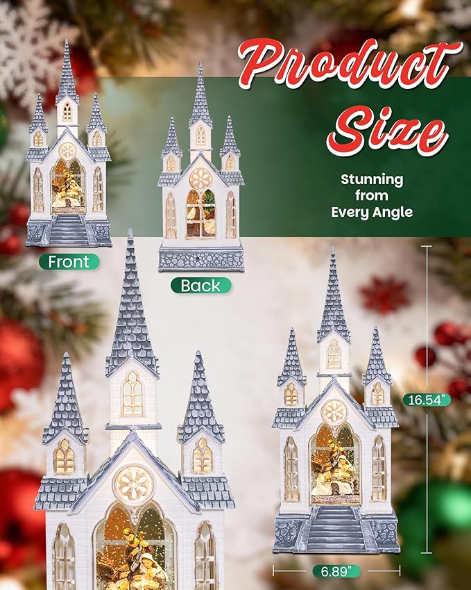 Large Christmas Church Nativity Snow Globe Light up Snowglobe with Music, 9.84" White Christmas Snow Globes for Kids Adults, 6H Timer & Dual Power, Angle Snowglobes Christmas Decorations Indoor
