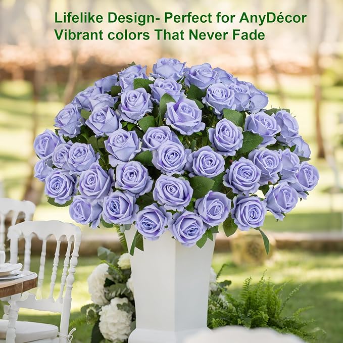 Artificial Flowers Roses Touch Fake Rose Bouquet Flower Stem For Wedding Centerpieces Diy Wreath Home Decorations Silk Roses Mothers Party Fake Outdoor Flowers Decor 19.6"(Light Purple 50PCS)