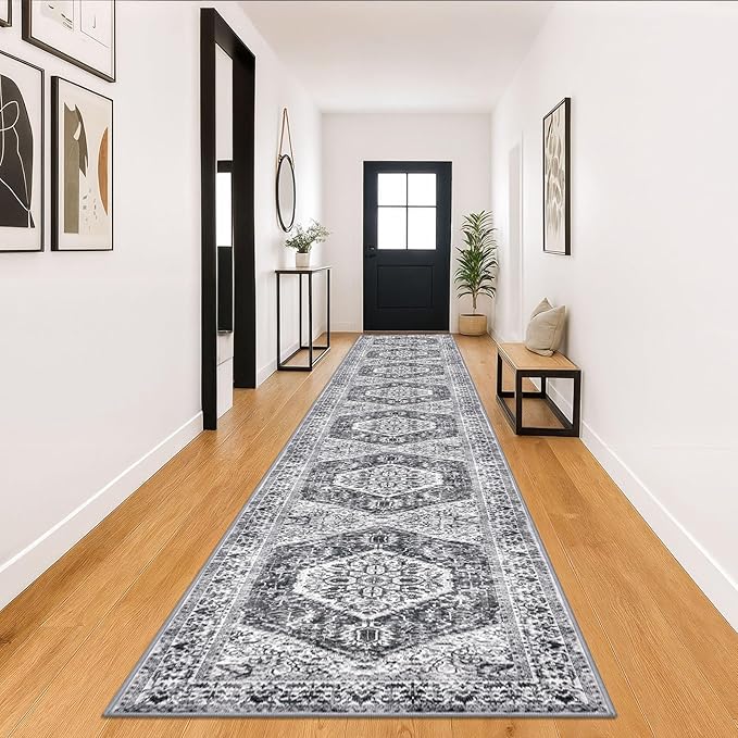 KOZYFLY Runners for Hallways 3x18 Ft Extra Long Washable Kitchen Thin Runner Rug Boho Runner Rug for Entryway Indoor Printed Faux Wool Stair Floor Carpet for Stair Kitchen Hall, Grey