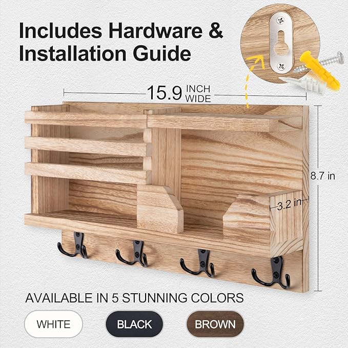 Mail and Key Holder for Wall – Decorative 15.9” x 8.7” x 3.2” Entryway Organizer with Shelf – Paulownia Wood with 4 Dual Hooks Includes Mounting Hardware and Installation Guide (Wood)