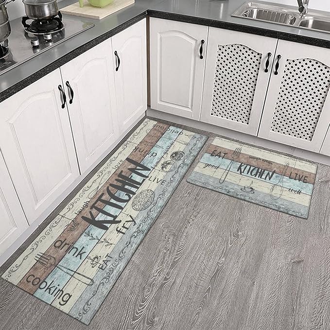 Kitchen Rugs Sets of 2 - Non Slip Washable Microfiber Kitchen Rug, Farmhouse Country Kitchens Rugs and Mats for Decor, Sink, Stove, Laundry, Machine Washable,（17"x 48"+17"x 24"）