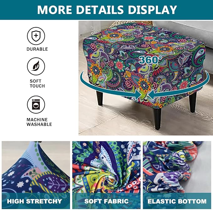 KRFOONN Stretch Ottoman Cover Slipcovers Rectangle Fit Length 39"-47" Footrest Stool Covers Printed Ottoman Cover for Foot Stool Furniture Protector with Non Slip Elastic Bottom, Color 07