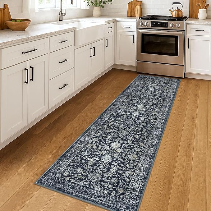 KILOCOCO Hallway Runner 2x7 Rug Runner Printed Vintage Floral Washable Kitchen Runners Non-slip Rubber Backed Runners for Hallways Laundry Room Distressed Boho Rugs for Entryway Bedroom, Navy/Charcoal