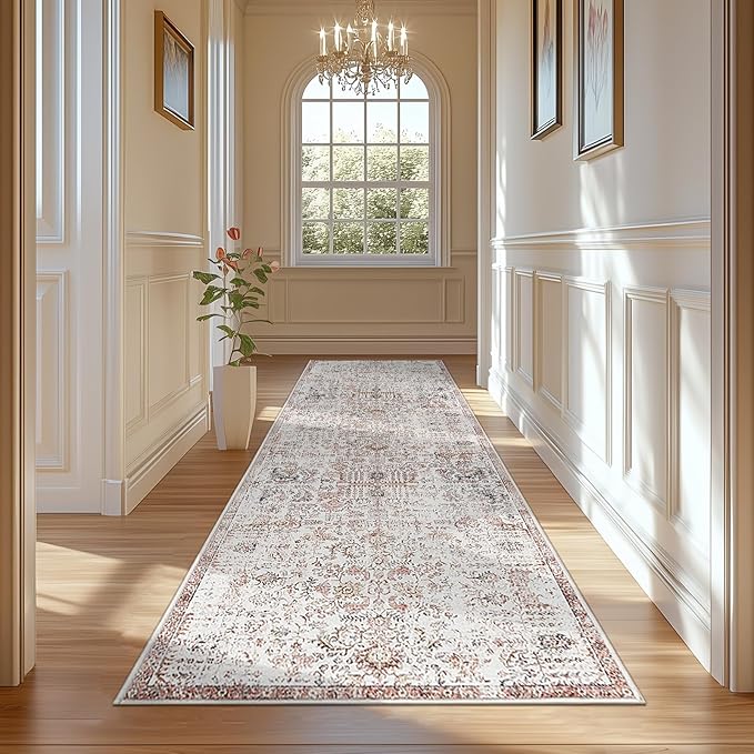 jinchan Kalen Runner Rug 3x10 Washable Hallway Rug Vintage Indoor Thin Retro Floor Cover Distressed Floral Country Lightweight Non Slip Carpet for Entryway Bathroom Bedroom Living Room Stairway Red
