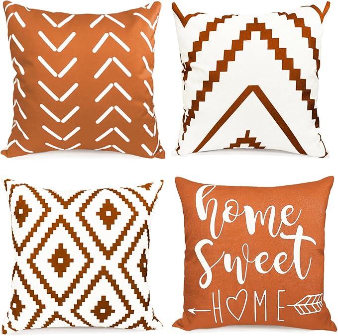 Decorative Throw Pillow Covers 18x18 inch Set of 4 Orange Pillow Covers for Couch Sofa Bed Living Room,Farmhouse Outdoor Throw Pillow Cover,Modern Geometric Linen Square Throw Pillow Cases