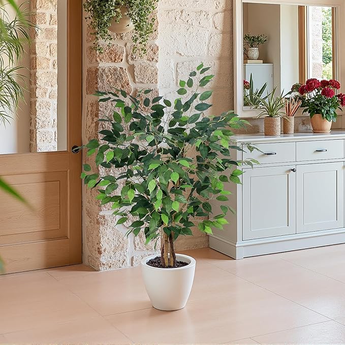 Artificial Ficus Tree 4ft, Artificial Plants Indoor with Realistic Leaves & Trunk, Fake Plants for Home Office Living Room Decor.