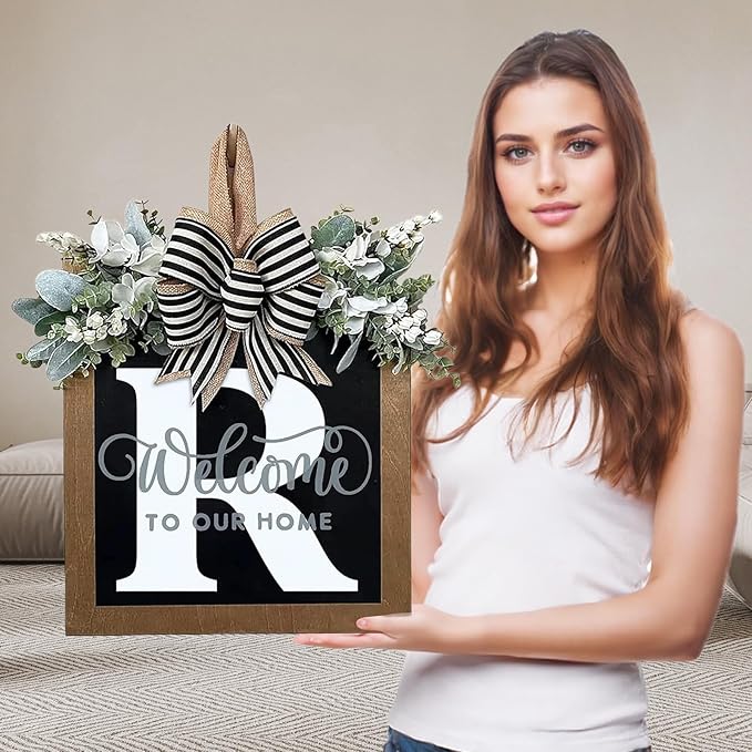 Ultra Large 14'' Last Name All Year Round Front Door Wreath with 26 Initial Letter Welcome Sign All Seasons Eucalyptus Garland and Bow Wreaths for Front Door Porch Farmhouse Decoration (R)