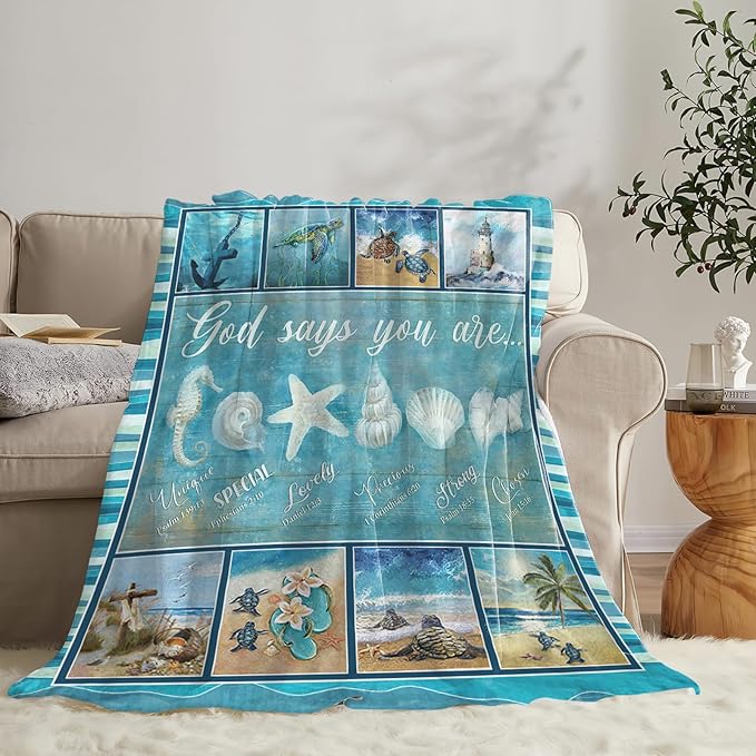 Tijuboni Ocean Nautical Throw Blanket Beach Seashells Gifts for Girls Boys Women Men Kids Adults Soft Flannel Fleece Blanket for Couch Sofa Bed Home Decor 60"x80"