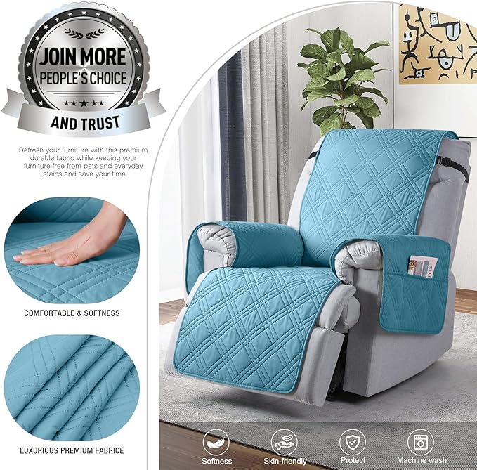 TAOCOCO 100% Waterproof Recliner Chair Covers, Non Slip Recliner Covers for Recliner Chair with Pocket, Washable Reclining Chair Cover Furniture Protector for Kids,Dogs(25'', Sky Blue)