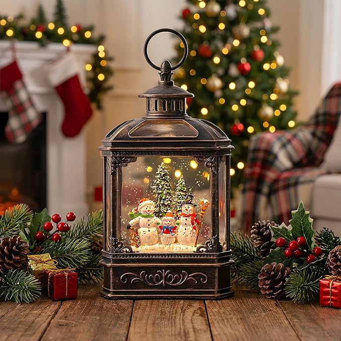 Christmas Snow Globe Lantern Water Glittering Snowman Family with Music & Timer, USB Lined/Battery Operated Lighted Lantern for Christmas Festival Decoration Gifts