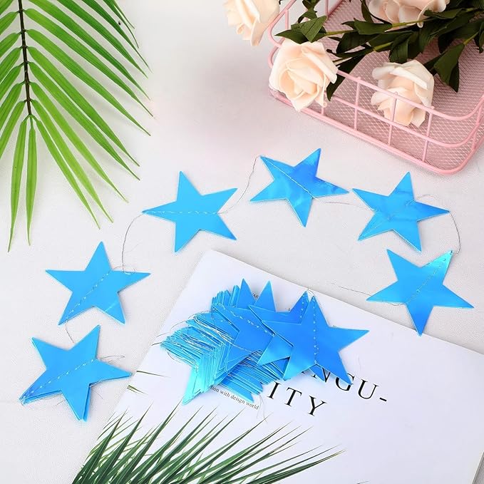 Patelai Glitter Star Garland Banner 2026 New Years Decor 130 Feet Star Hanging Banner Twinkle Backdrop for Birthday Classroom Wedding Christmas Party Supplies(Holographic Blue)