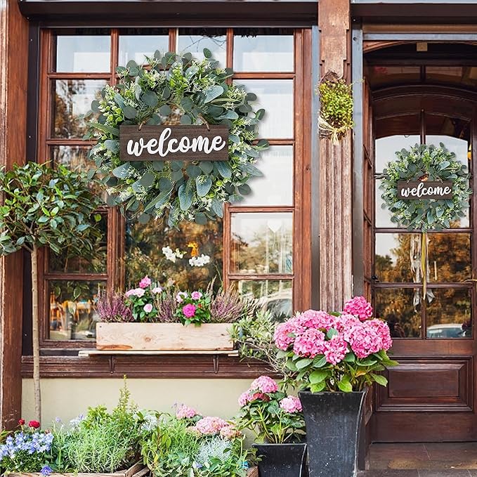 Dremisland Green Eucalyptus Wreath with Welcome Sign 22in Spring Summer Artificial Eucalyptus Wreath for Front Door, Wall, Window, Party Decor (Brown)