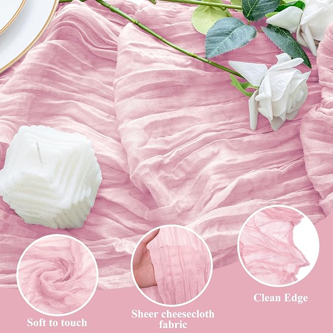 6PCS Table Runner Cheesecloth 10FT Blushing Pink Boho Gauze Cheese Cloth Rustic Sheer Table Runners for Wedding Bridal Baby Shower Party Decoration